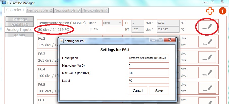 DAEnetIP2 Manager settings for LM35DZ