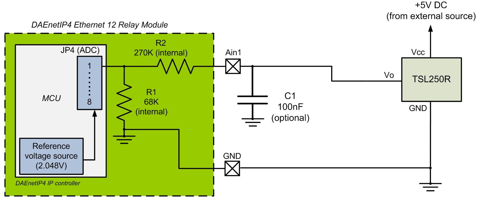 Connecting TSL250R (light to voltage optical sensor) to DAEnetIP4